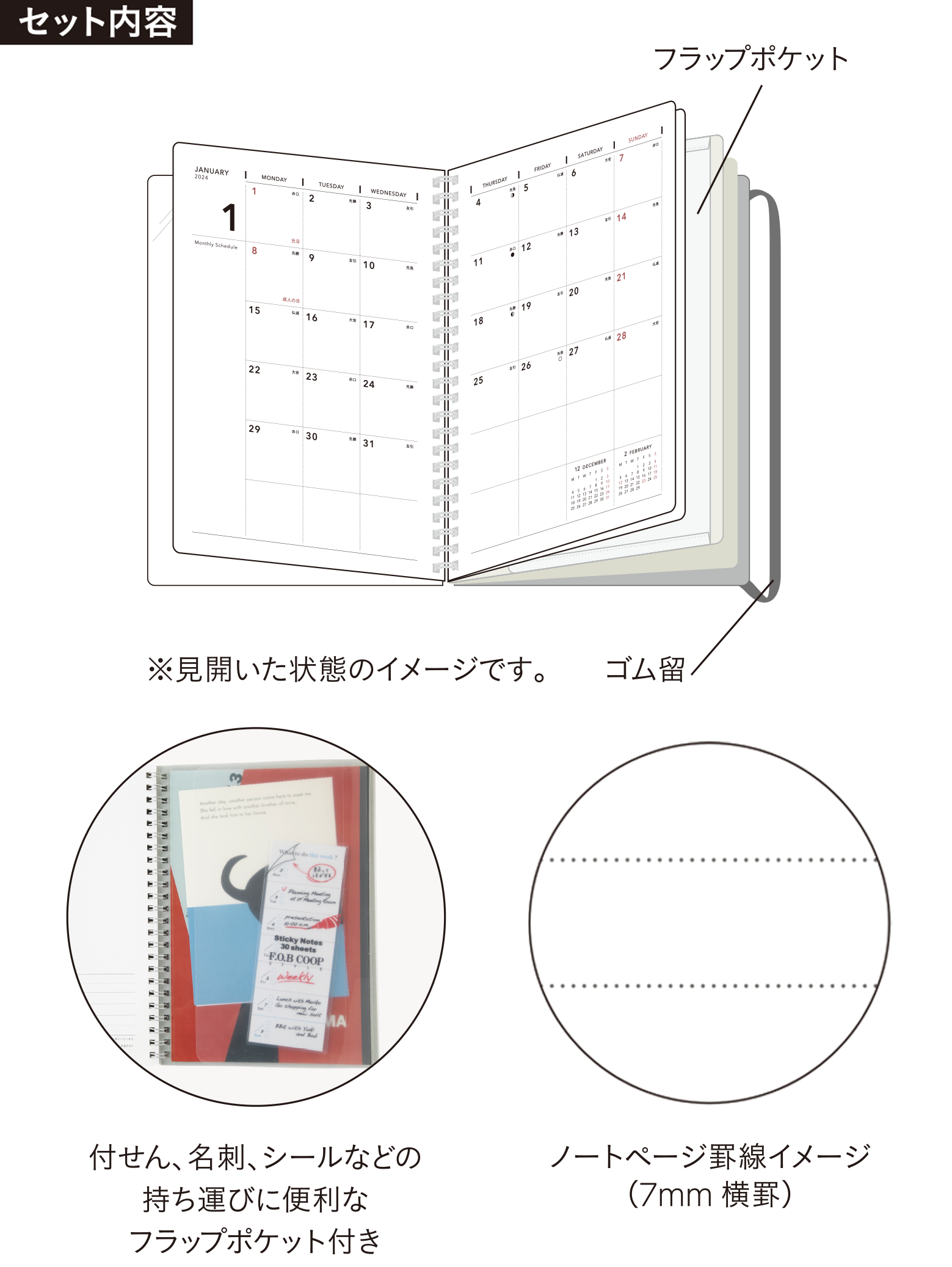 [使用例]付せん、名刺、シールなどを持ち運ぶのに便利なフラップポケット付き