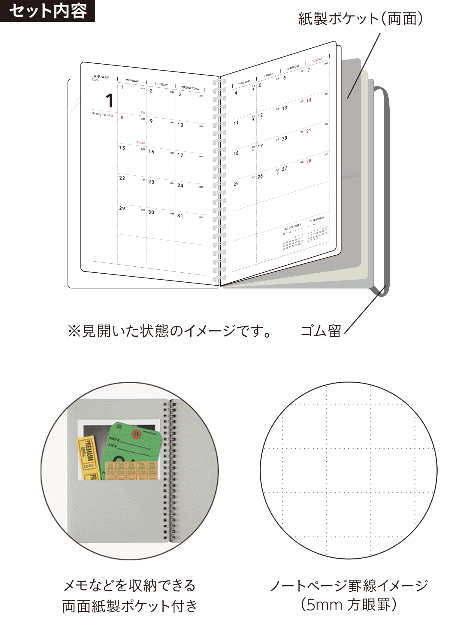 [使用例]付せん、名刺、シールなどを持ち運ぶのに便利なフラップポケット付き